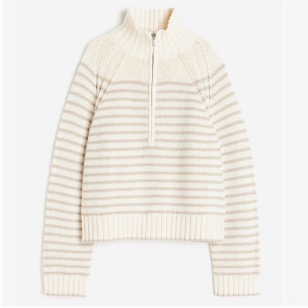H&M Cream and White Striped Turtleneck Sweater